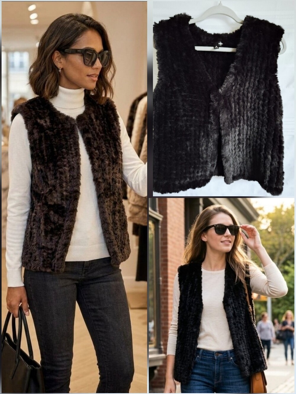💙AQUA Black Faux Fur Vest 🤍Small